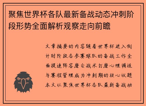 聚焦世界杯各队最新备战动态冲刺阶段形势全面解析观察走向前瞻